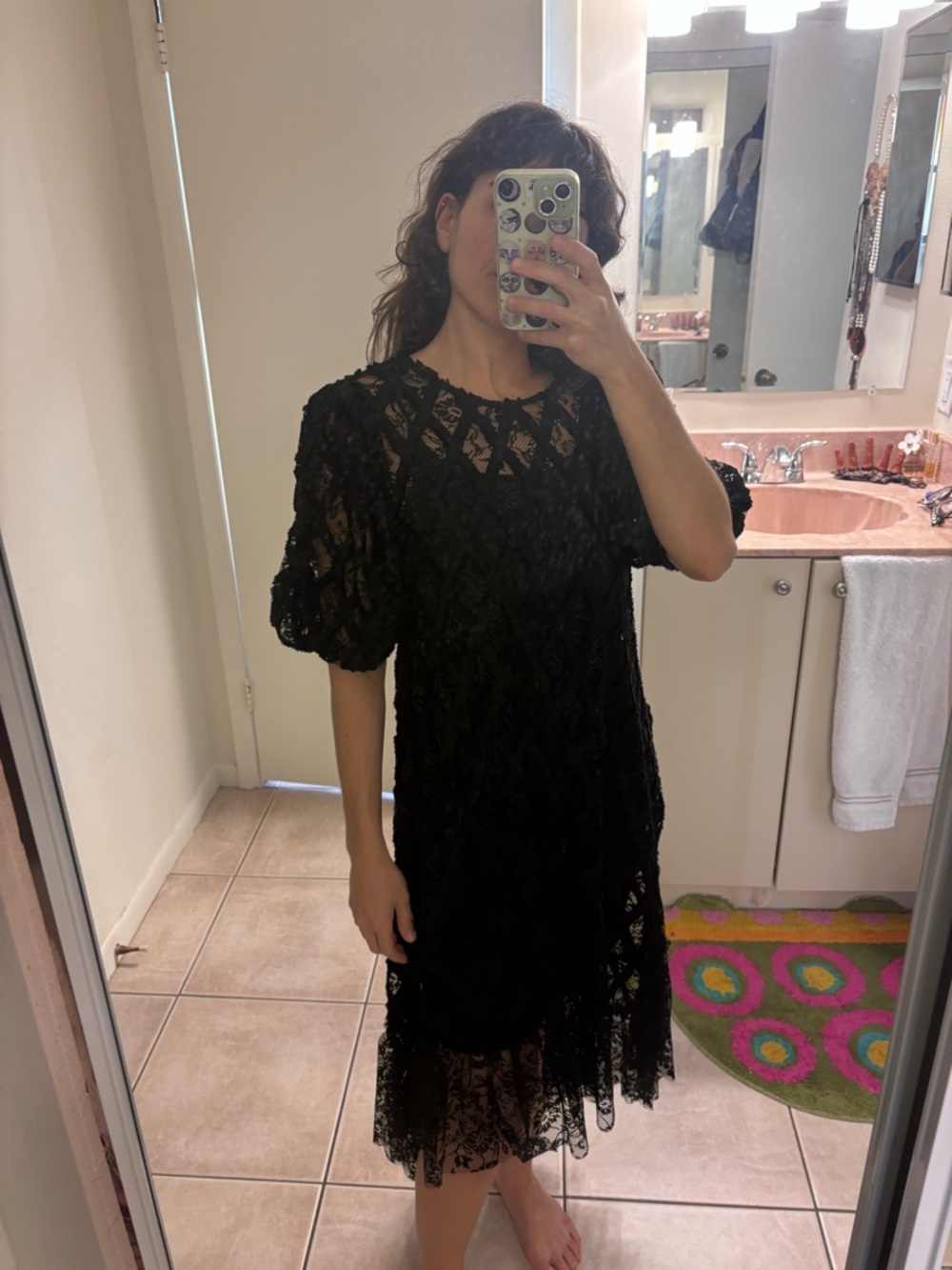 Zara Black Lace Puff-Sleeve Midi Dress